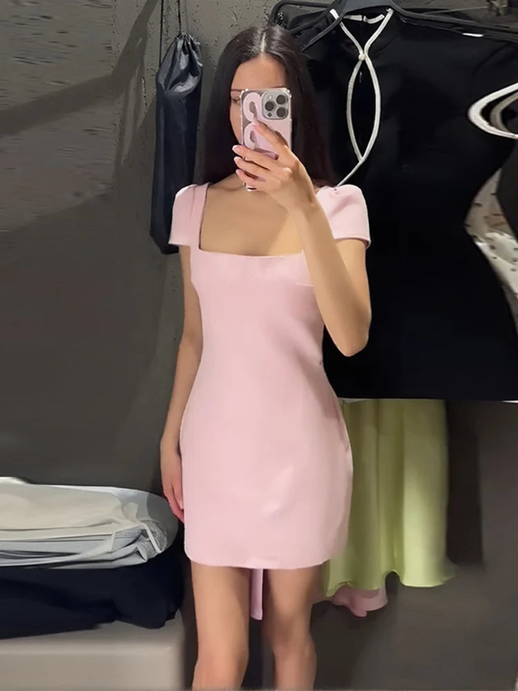 Hnewly  Elegant Women's Dress Short Puff Sleeve Square Collar Waist-Closed Hip Package Mini Dresses Summer Female Vacation Robe