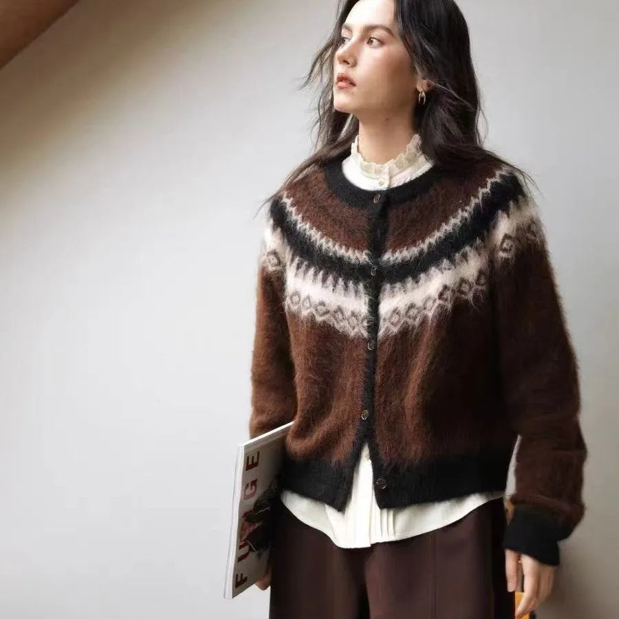 Hnewly  Button Up Fair Isle Sweater Cardigan Soft Knit Sweater Jacket Geometric Print Cozy Knitwear Teen-girl Fall Winter Vintage Outfit