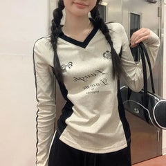 Hnewly  Vintage Y2k Long Sleeve T-Shirts Coquette Women Letter Print Tees American Retro Fashion Aesthetics Streetwear T-Shirts