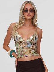 Hnewly  Cutenew Sexy Wild Camisole Women Colorful Sequins Patchwork Low Chest Elegant Hottie Beach Vacation Stretch Skinny Clubwear
