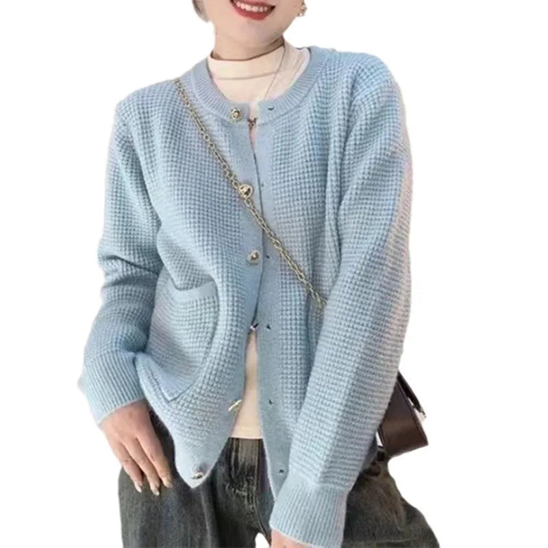 Hnewly  Temperament O-Neck Short Waffle Sweater Autumn/Winter French Elegant Long Sleeve Knitted Cardigan Women's Solid Versatile Coat