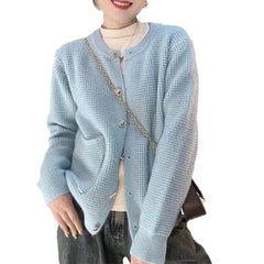 Hnewly  Temperament O-Neck Short Waffle Sweater Autumn/Winter French Elegant Long Sleeve Knitted Cardigan Women's Solid Versatile Coat