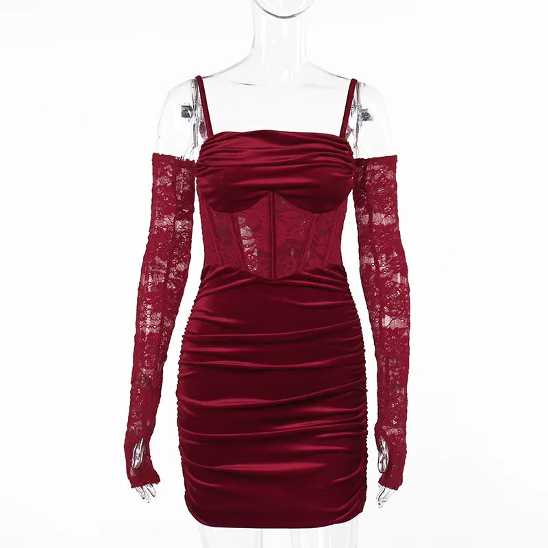 Hnewly  Velvet Y2k Ruched Elegant Corset Dresses Gothic Lace Patches Sheer Sling Party Dress Red Black Ladies Backless Clothes