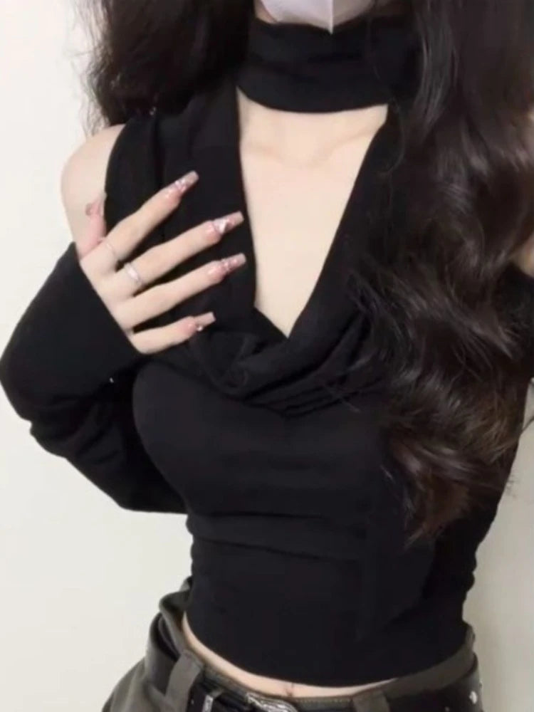 Hnewly summer inspo Fashion V-neck Black Halter Tops Women Summer Nw Slim Waist Tee Shirt Y2k E-Girl Long Sleeve Off Shoulder T-shirts