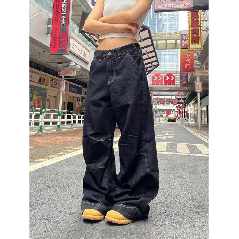 Hnewly  Grunge Black Jeans Women Y2k Vintage Oversized High Street Wide Cargo Denim Trousers Casual Baggy Straight Denim Pants