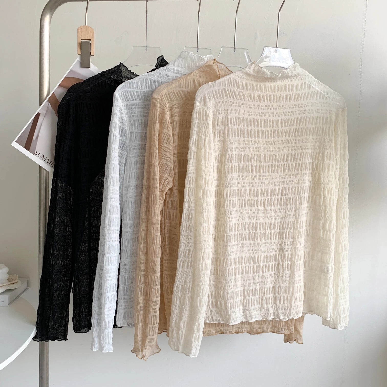Hnewly Women T-Shirts Vintage Pleat Long SleeveTop Spring Autumn Mesh Fabric Lace Half Turtleneck Korean Fashion All-match Shirt