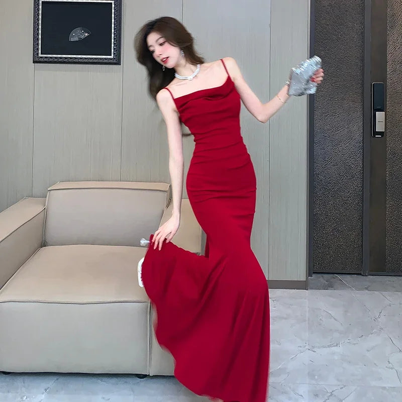 Hnewly DRESS TO IMPRESS Fashion Red Slip Evening Hip Wrap Dresses Women's Summer Sexy Long Maxi Cocktail Prom Dress