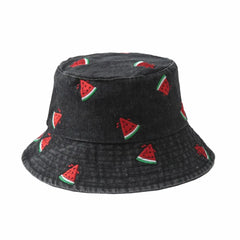 Hnewly  Watermelon Strawberry Embroidered Denim Bucket Hat Butterfly Pattern Wide Brim Denim Fisherman Hat Sun Hat Spring and Summer