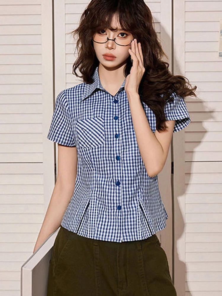 Hnewly Vintage American Plaid Shirt Women Slim Preppy Style Short Sleeve Blouse Casual Pocket Retro Female Single Breasted Tops