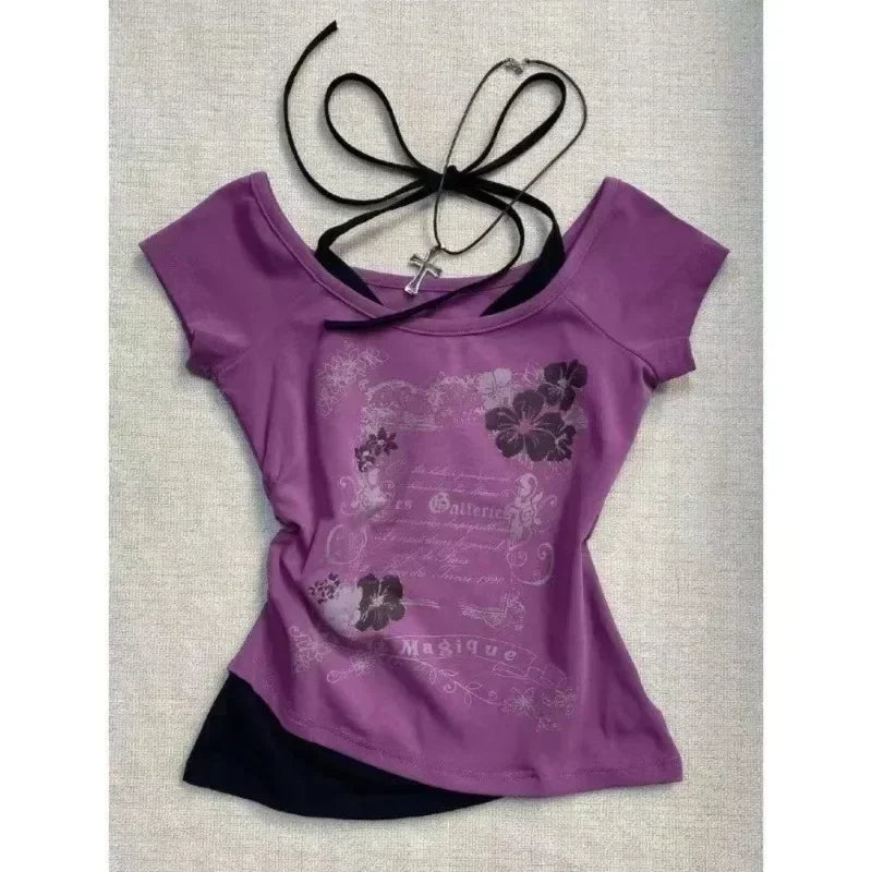Hnewly Summer Fake Two Pieces Halter Bandage Vintage T-shirts Y2k Aesthetic Slim Crop Tops Women Grunge Print Harajuku Casual Sexy Tee