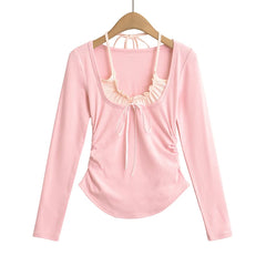 Hnewly  Sexy long sleeve crop top korean fashion kawaii clothes halter top cropped ruched t shirts women y2k crop top pink bowknot