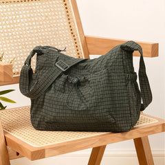 Hnewly  Olive Green Gingham Plaid Nylon Hobo Bags For Women Large Capacity Drawstring Shoulder Bags Lightweight Daypack for School Bags