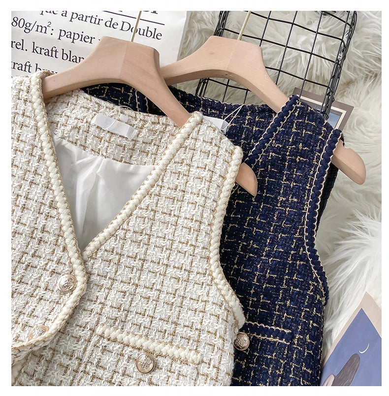 Hnewly  Women New Autumn Tweed Elegant Vintag Vest V-neck Sleeveless Slim Pockets Waistcoat Ladies Fashion Womens Short Small Vest