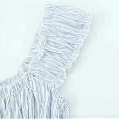 Hnewly  Sexy Blue White Striped Elastic Strap Slash Shoulder Dress Folded Elastic Waist Swing A-line Short Tank Robe Holiday Woman