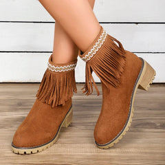 Hnewly Womens Fashion Embroidered Ankle Boots Comfort Thick Wedge Heel Zipper Tassel Faux Suede Short Boots Cowboy Cowgirl Shoes 2024