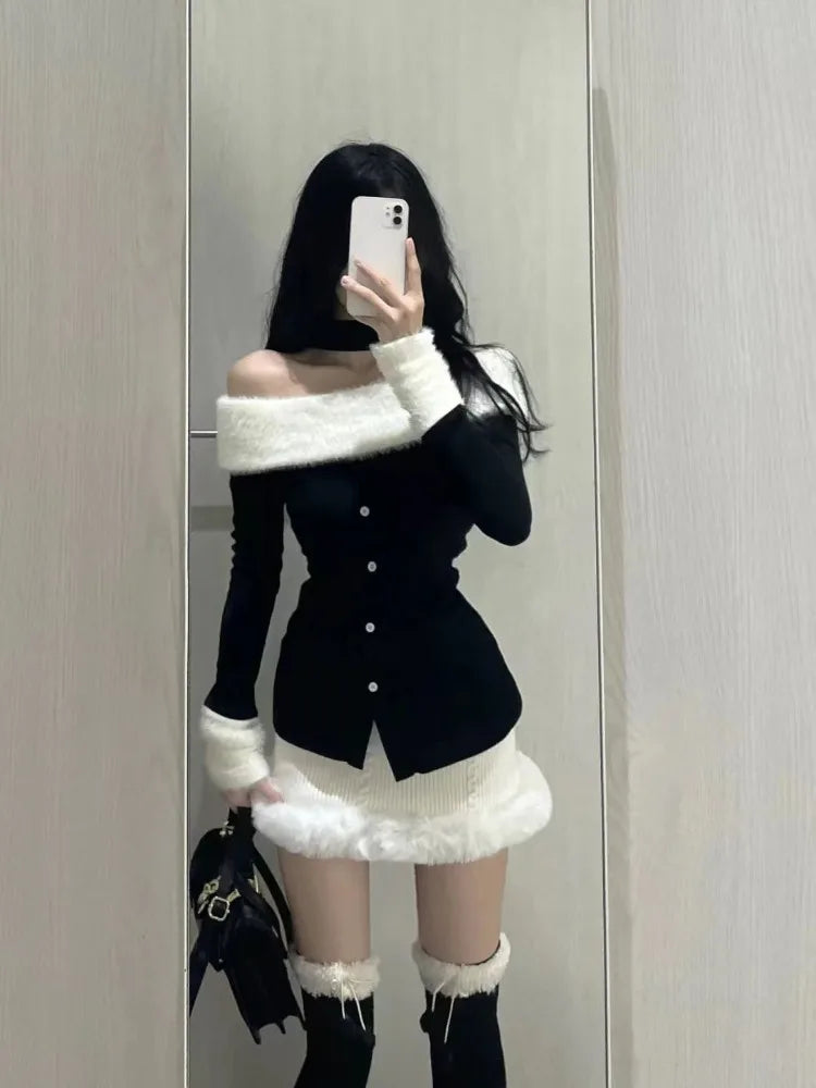 Hnewly trashy outfits Fashion Sexy Off Shoulder Long Sleeve Slim Fit Tops Women+ Y2k High Waist Bodycon Skirts Early Autum New Two Piece Sets
