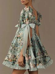 Hnewly  New Plus Size Women's Lace Square Collar Mini Dress With Floral Print Lantern Short Sleeves Dress Party Elegant Evening Dresses