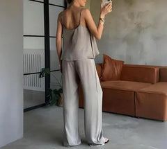 Hnewly  Autumn New Solid Color Sleeveless Cami Top & Wide - Leg Trousers Set, Comfortable Two - Piece Outfit, Ideal for Lounging