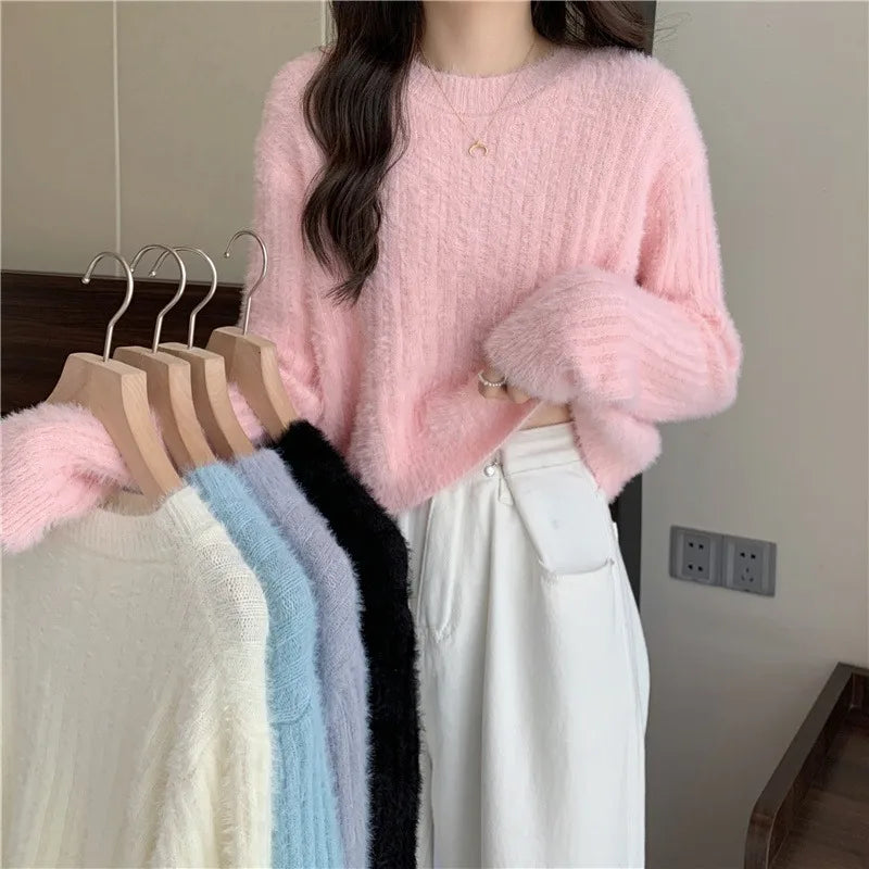 Hnewly  Fuzzy Knit Top Women Pullover Long Sleeve Plain Crop Sweate Pink Fluffy Jumper for Women Teen-girl Fall Winter Y2K Outfit