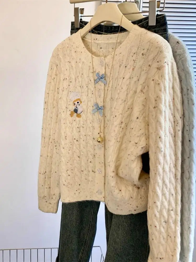 Hnewly  Korean Cartoon Embroidered Sweater Women Spring  Autumn New Soft Long Sleeved Knitted Cardigan O-neck Single Breasted Top