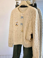 Hnewly  Korean Cartoon Embroidered Sweater Women Spring  Autumn New Soft Long Sleeved Knitted Cardigan O-neck Single Breasted Top