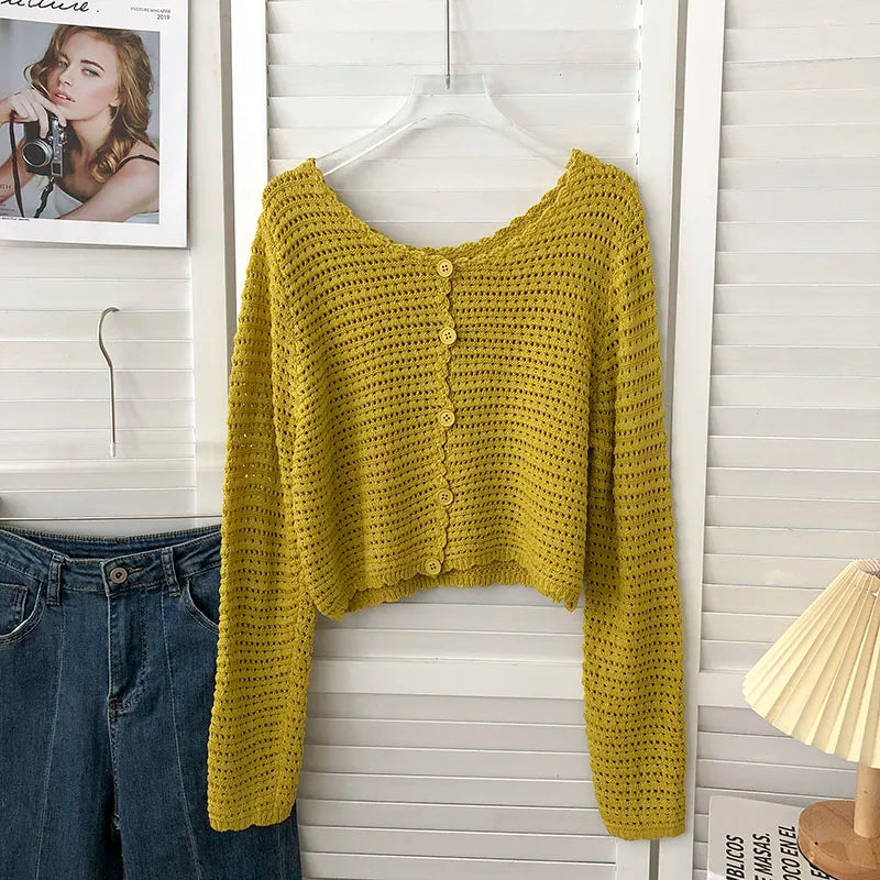 Hnewly  Crochet Cardigan for Women Sheer Openwork Knit Long Sleeve Button Up Crop Top Teen-girl Shrug Cardigan Autumn Spring Y2K Outfit