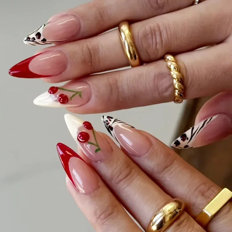 Hnewly 24Pcs Cat Eye Press on Nails with Almond Head Bow Diamond Stick on False Nail Sweet Pink French Full Cover Artificial Nails Tips