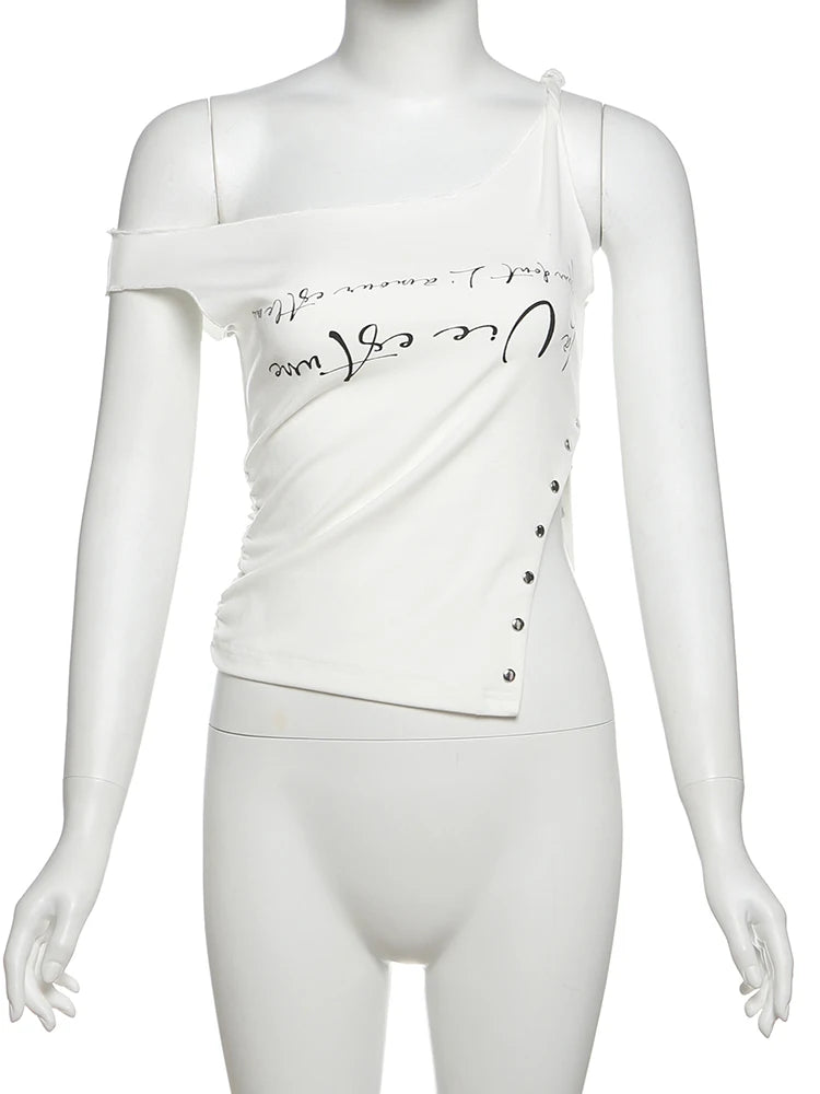 Hnewly  Irregular Button Crop Tops Women Ruched Biased Collar Letter Print Side Slit Daily Casual Simple Street Basic Tees
