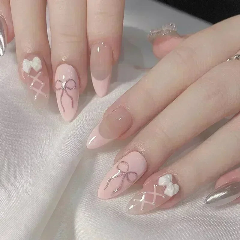 Hnewly 24Pcs Pink Almond False Nails Butterfly Ballet with French Design Wearable Fake Nails Simple Artificial Press on Nails Tips Art