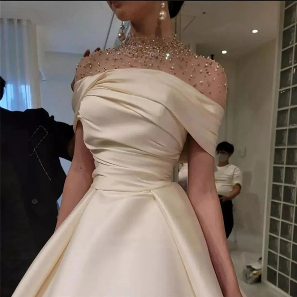 Hnewly  Charming Champagne High-Neck Beaded Short Sleeves Satin Prom Dresses A-Line Floor Length Zipper Custom Made Bridal Gown formal dress