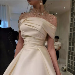 Hnewly  Charming Champagne High-Neck Beaded Short Sleeves Satin Prom Dresses A-Line Floor Length Zipper Custom Made Bridal Gown formal dress