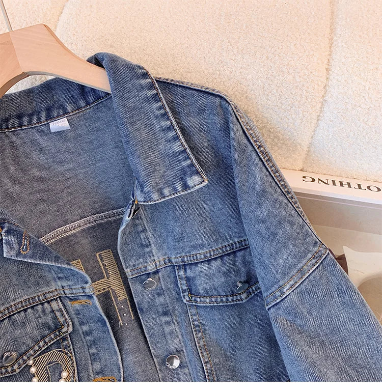 Hnewly  Nail Bead Denim Jacket For Women's Spring Autumn 2025 New Style Loose Versatile Long Sleeved  Turndown Collar Coat Top