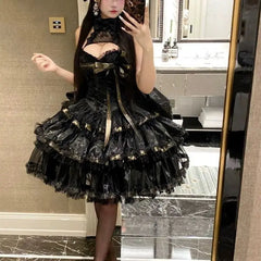 Hnewly  Gorgeous Lolita Gothic Style Ribbon Hanging Neck Slim Fit Black Mini Dress Women Romantic Bow Lace-up Princess Dresses