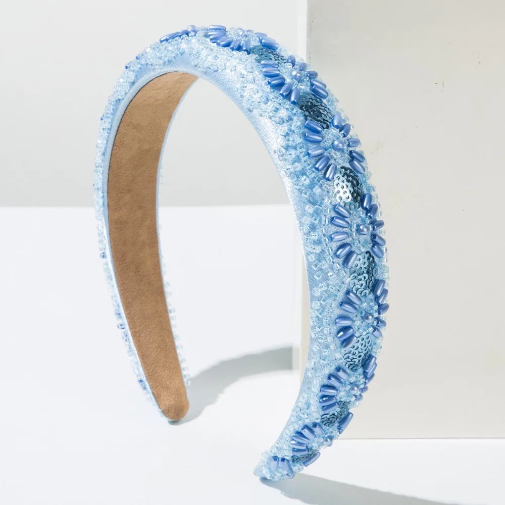 Hnewly  Sequins Wide Brim Headband Handmade High Cranial Top Face Wash Hairbands Hand Sewn Rice Beads Women Headwear Hair Accessories