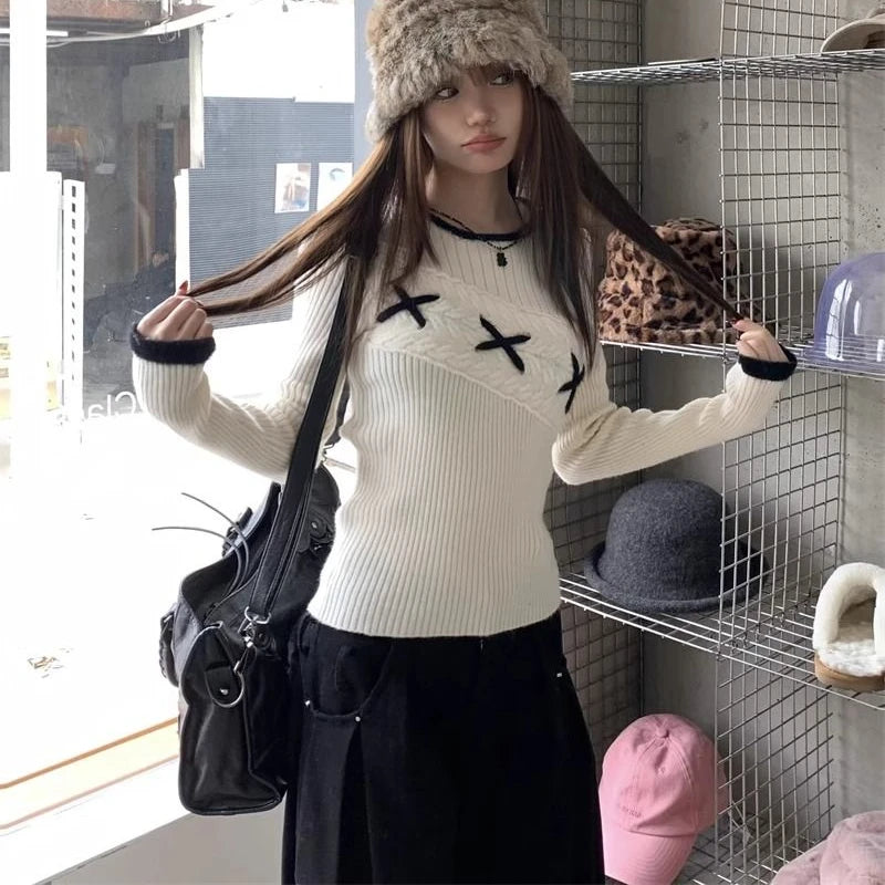 Hnewly Korean Style Elegant Sweaters Sweet Vintage Long Sleeve Knitted Pullover Autumn Winter Patchwork Sweaters Aesthetics