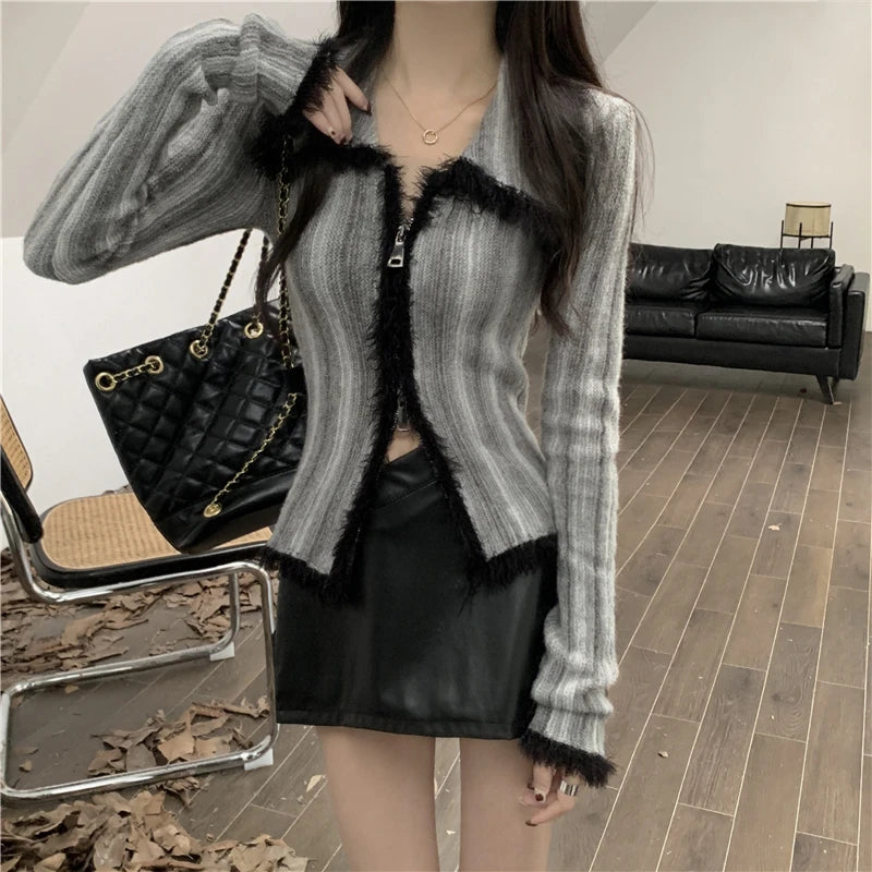 Hnewly Vintage Gradient Polo Zipper Cardigan Women Autumn Winter Long Sleeve Cashmere Sweater Knitted Top Outwear Jumpers