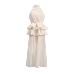 Hnewly Fashion Solid Color Dress Women's High Neck Sleeveless Waist Ruffle Hem Dresses 2025 Summer New Tide