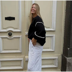 Hnewly  Fashion Striped Contrast Sweatshirt Women Loose Patchwork O-neck Lantern Sleeve Female Pullovers Spring Lady Casual Tops