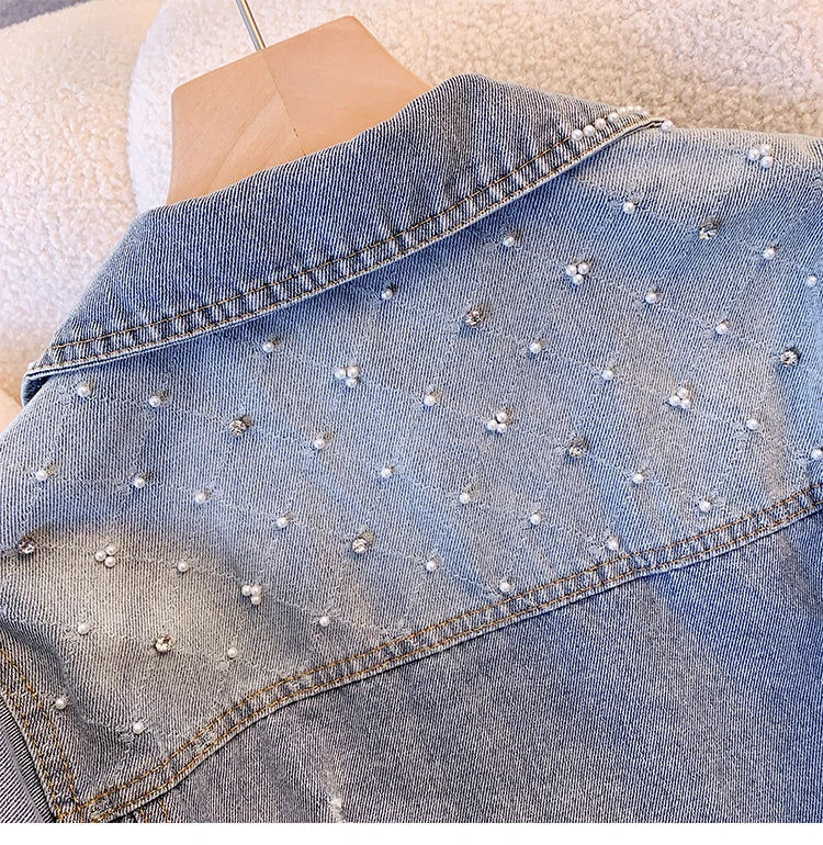 Hnewly  Women Denim Jacket Spring Autumn 2025 New Popular Sweet Luxury Beaded Short Top Loose Long Sleeve Lapel Single Breasted  Coat