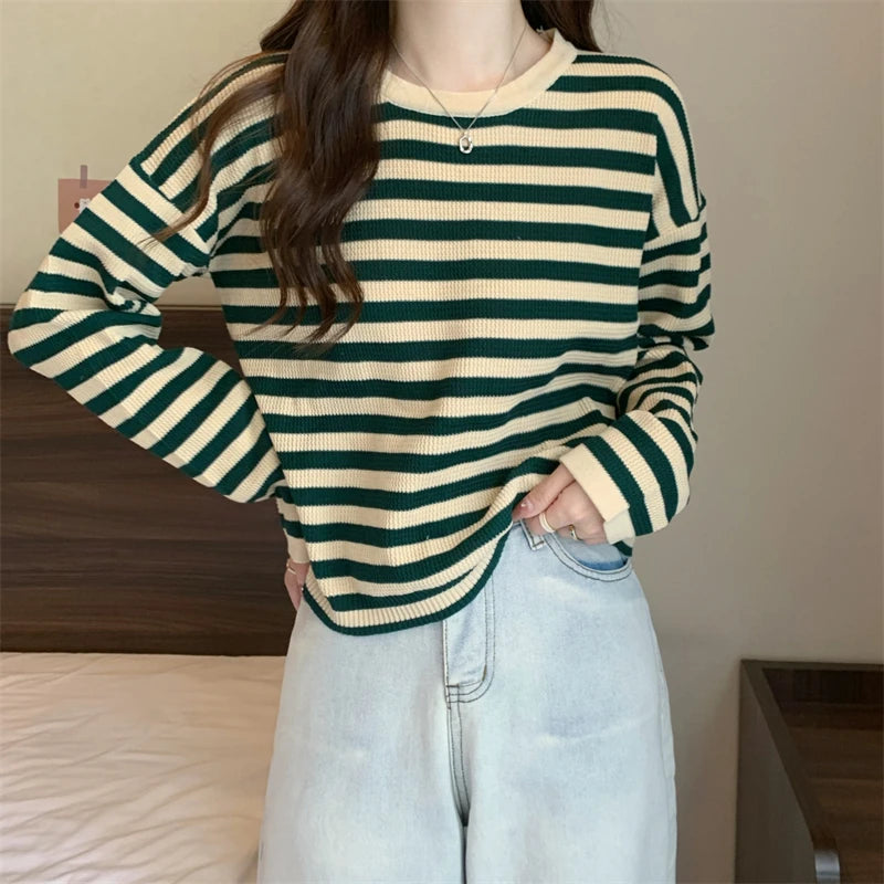 Hnewly  Women's Striped T-shirt Basic Tops Spring Autumn Fashion Color Contrast Loose O-neck Long Sleeve knitting Sweater