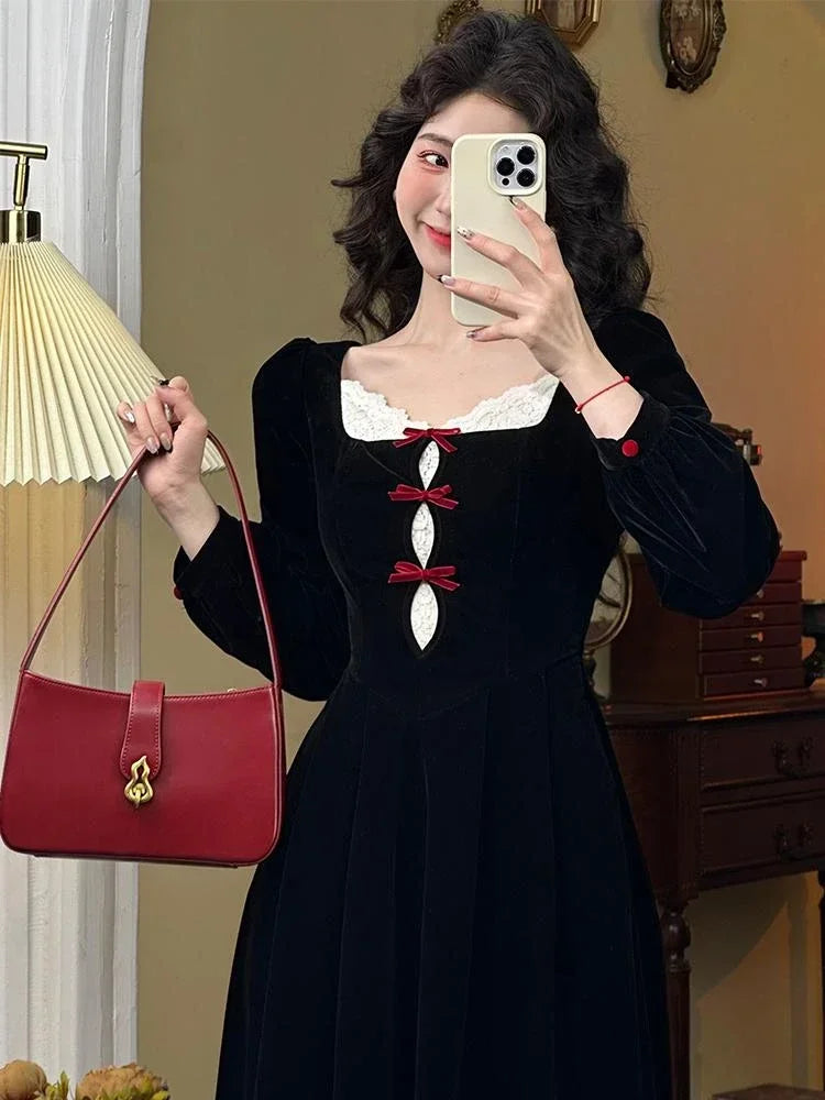 Hnewly French Elegant Retro Sweet One Piece Mini Party Dress Female Y2k Korean Fairy Lace Slim Dress Black Office Lady Autumn Winter