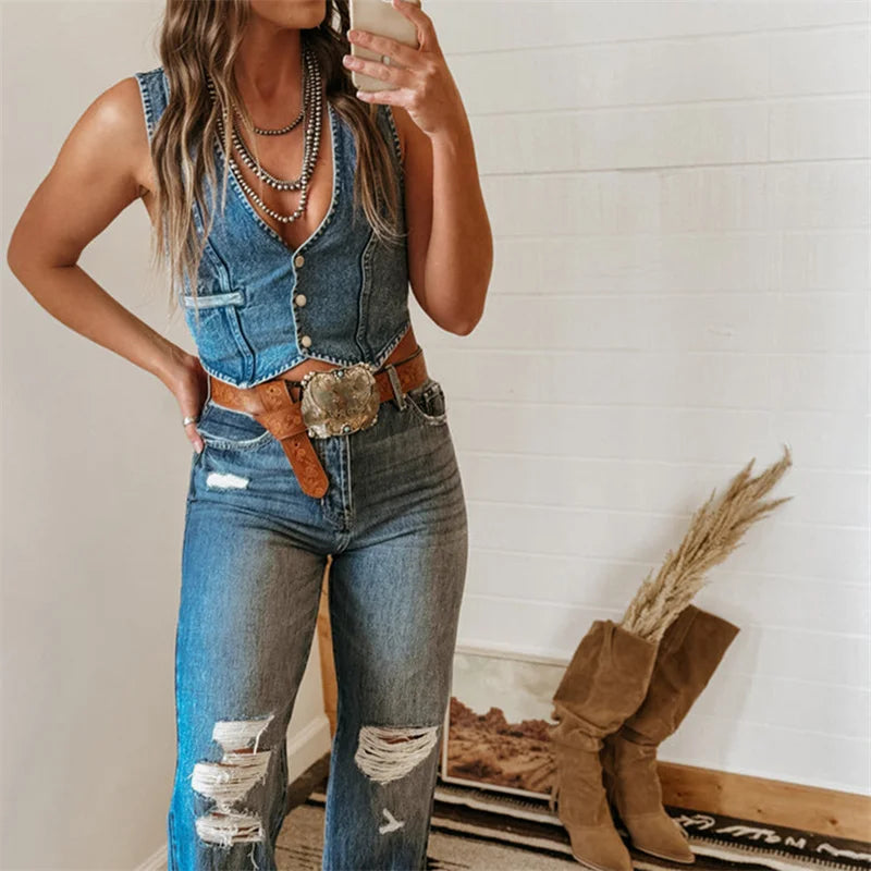 Hnewly Denim Tank Tops for Women Summer Solid Color V Neck Single Breasted Sleeveless Jeans Vest y2k Waistcoat Streetwear