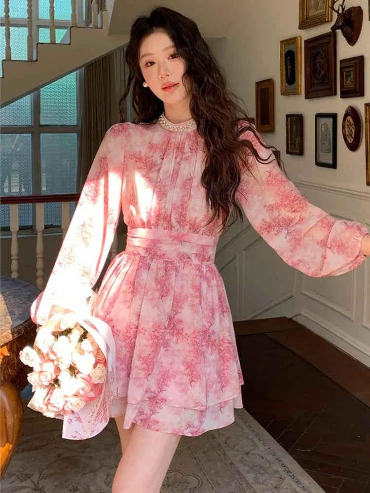 Hnewly Women's New Elegan Print t Dresse Fashion A-Line O-Neck Lantern Sleeve Slim Waist Short Vestidos FrenchCasual Holiday Summer