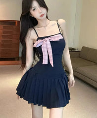Hnewly  Woman Dress Bow Sexy Sweet Sleeveless Slash Neck Slim Backless Bow Bandage Elegant Mini Dresses Party Female Casual