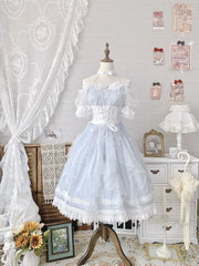 Hnewly  Original Lolita Fairy Dress Op Girls Women's Slim-Fit Sweet Cute Bow Pearl Halter Off-Shoulder Short Sleeve Dress Princess Dress