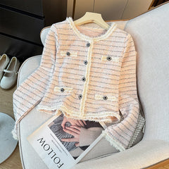 Hnewly  Fashion Sweet Tweed Jacket Women 2025 Autumn New Luxury Single-breasted Short Coats O-Neck Long Sleeve Elegant Female Outwear