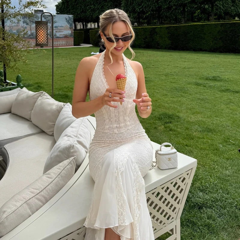 Hnewly French Elegant Lace V-neck High Waist Backless Bodycon Halter Maxi Dress Y2K Summer Fashion Party New Women Vestidos