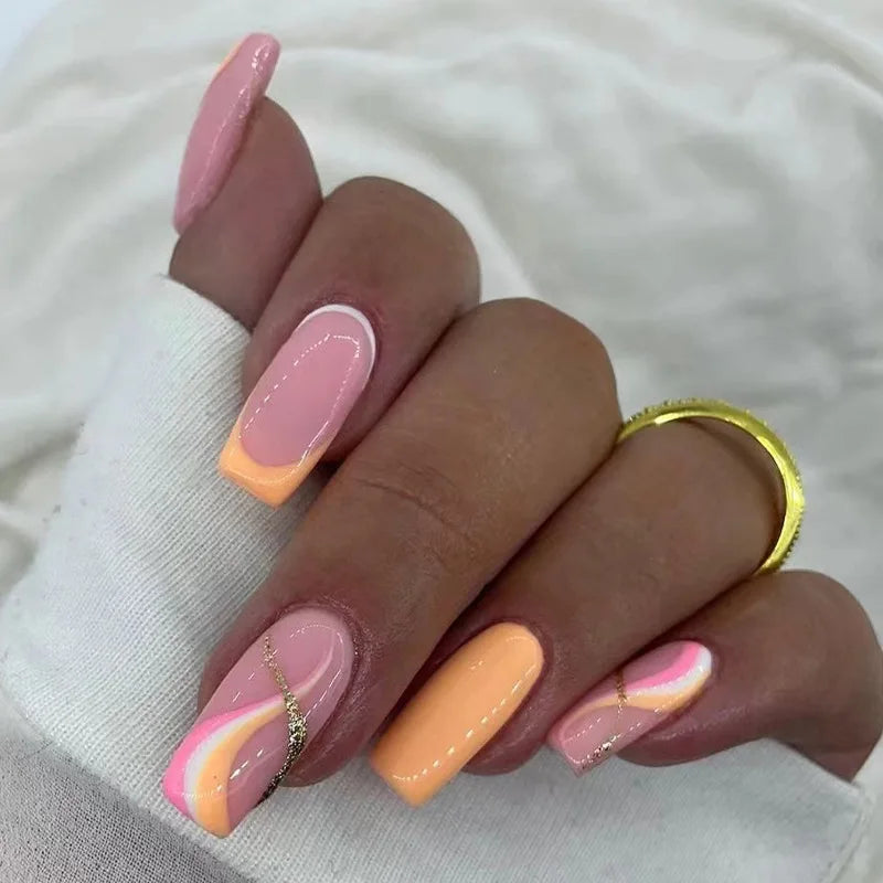 Hnewly 24Pcs Press On Nails Simple French Colorful Wavy Abstract Line Fake Nails Full Cover Nail Art Tips Coffin Square Head False Nail