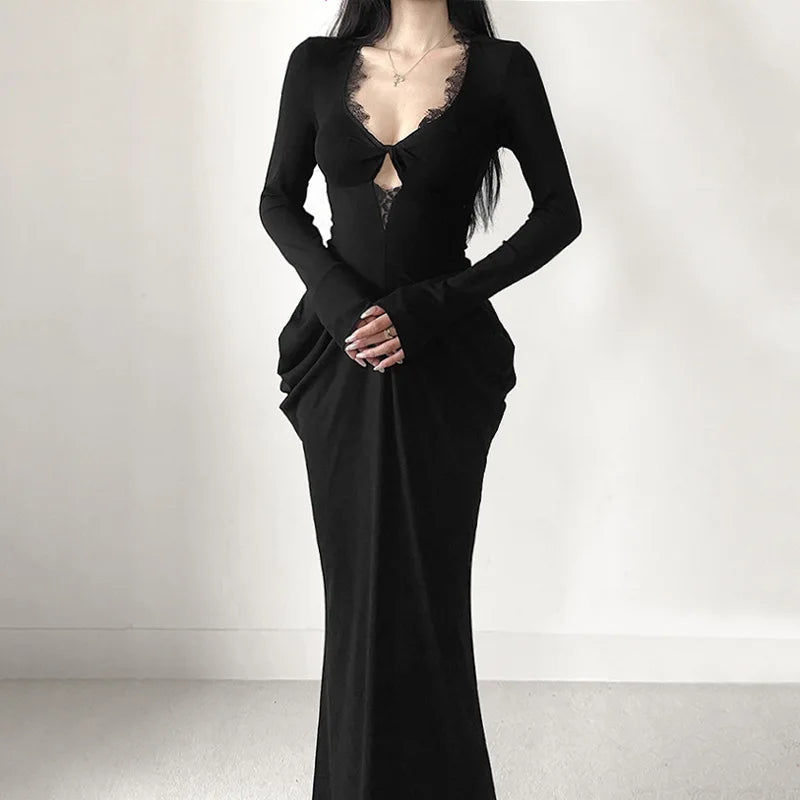Hnewly  Elegant Lace Splicing Mermaid Dress Women Autumn V-neck Long Flare Sleeve Slim Bodycon Vestidos Vintage Chic Evening Party Robe