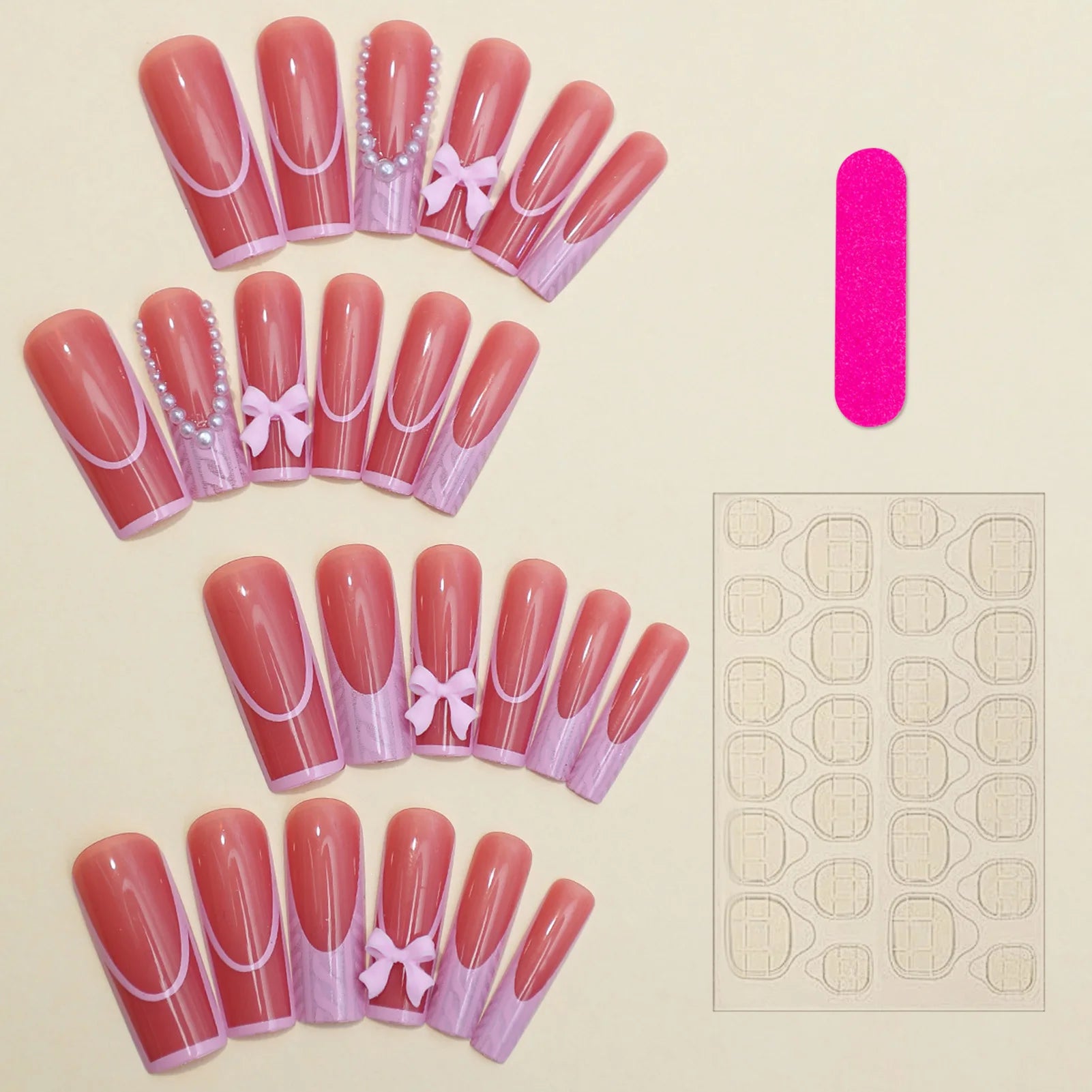 Hnewly French Pink Press on Nails with Pearl Sweet & Charming Reusable False Nails for Shopping Traveling Dating